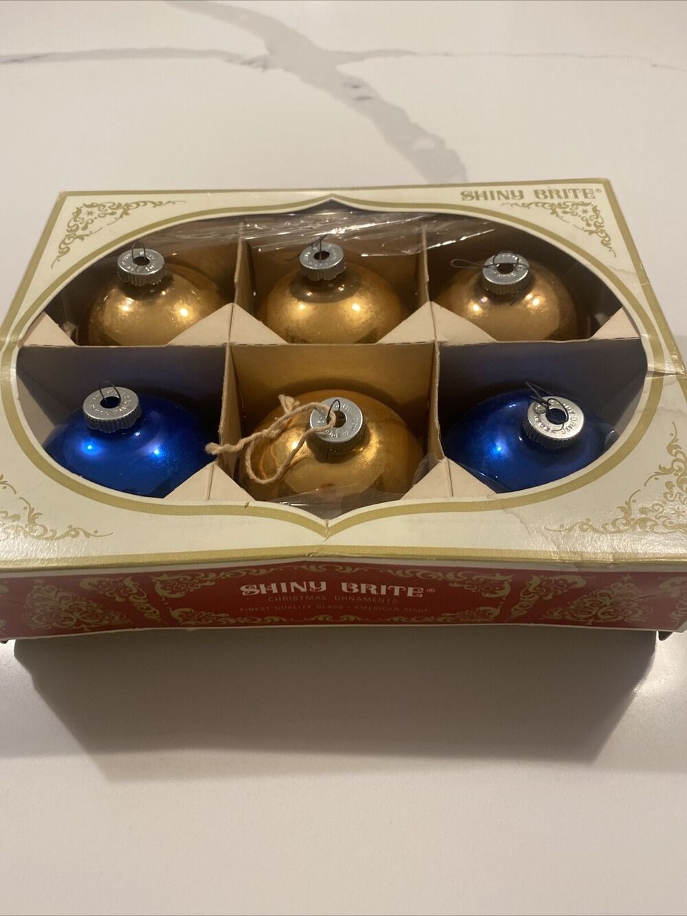 Shiny Brite Christmas Ornaments Vintage Original Box 2 Blue & 4 Gold